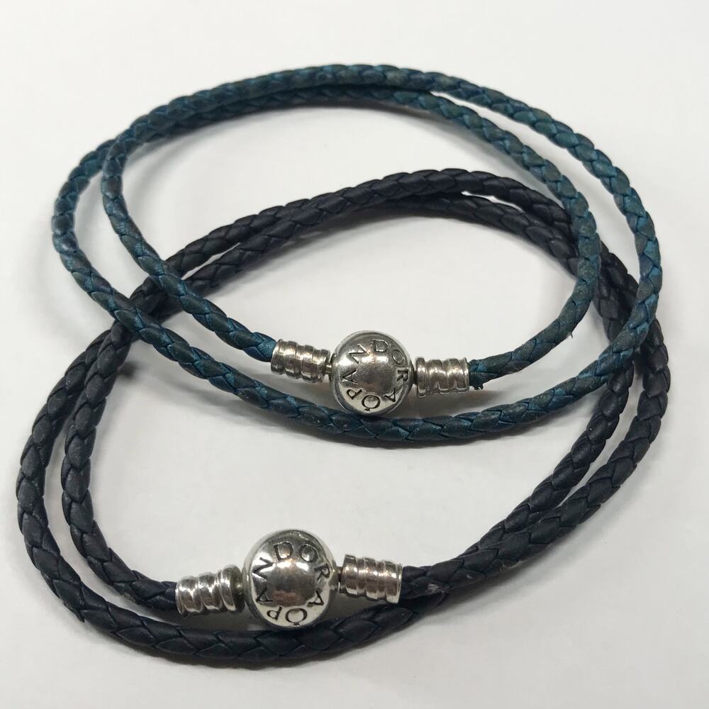 Pandora ALE 925 Sterling Silver Round Clasp Braided Leather Double Bracelet Set